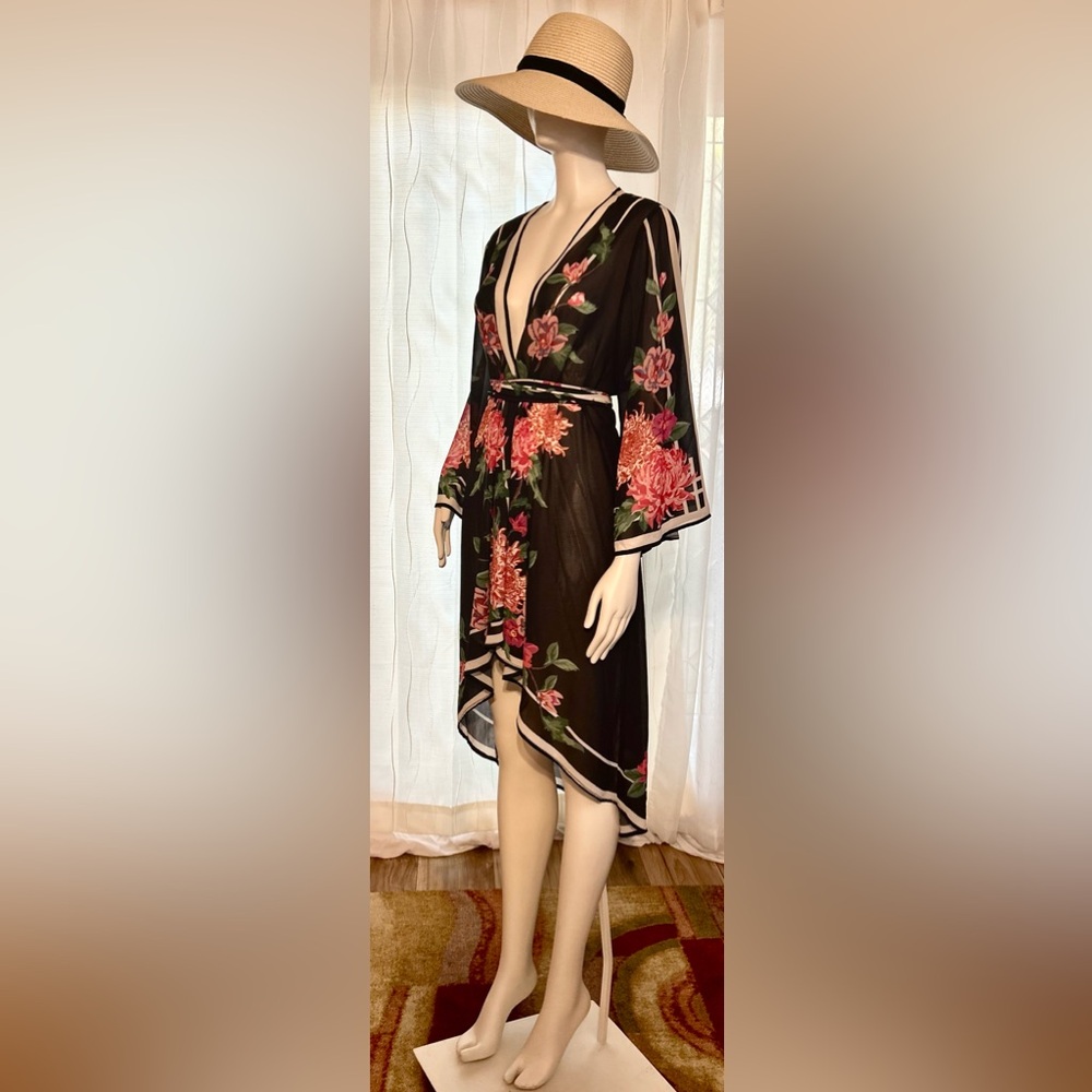 Flying Tomato Black Sheer Floral Print Wrap Kimono Dress Top Cover-Up Size L